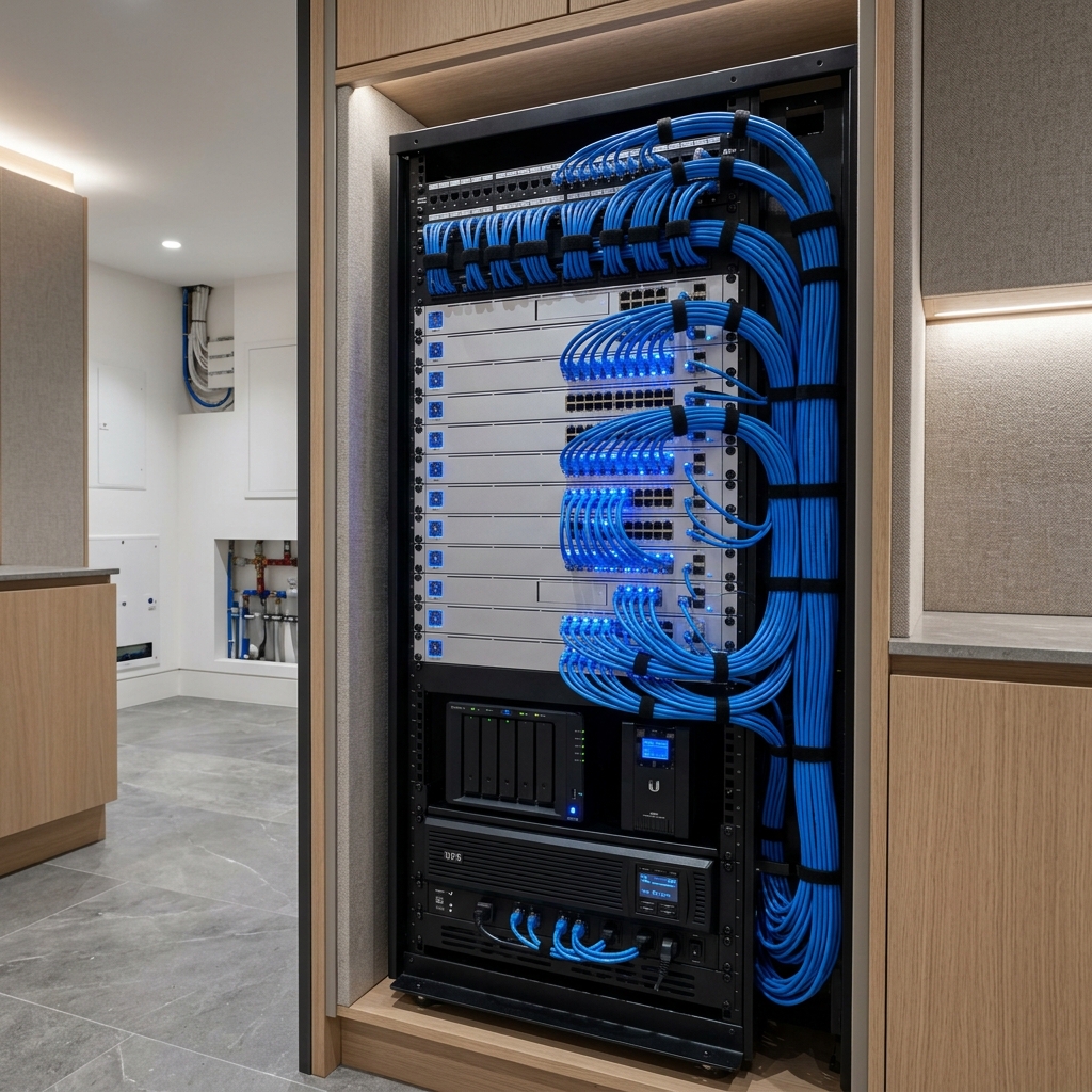 Organized network rack and structured cabling supporting a connected residence